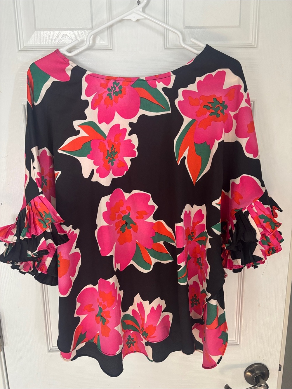 JODIFL Black Floral Ruffle Sleeve Blouse with Pink & Green Prints